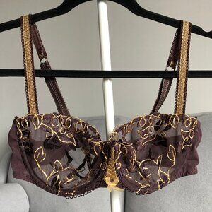 AUBADE Sheer Balconette Bra Underwire Lingerie France Floral Gold Maroon 38 D